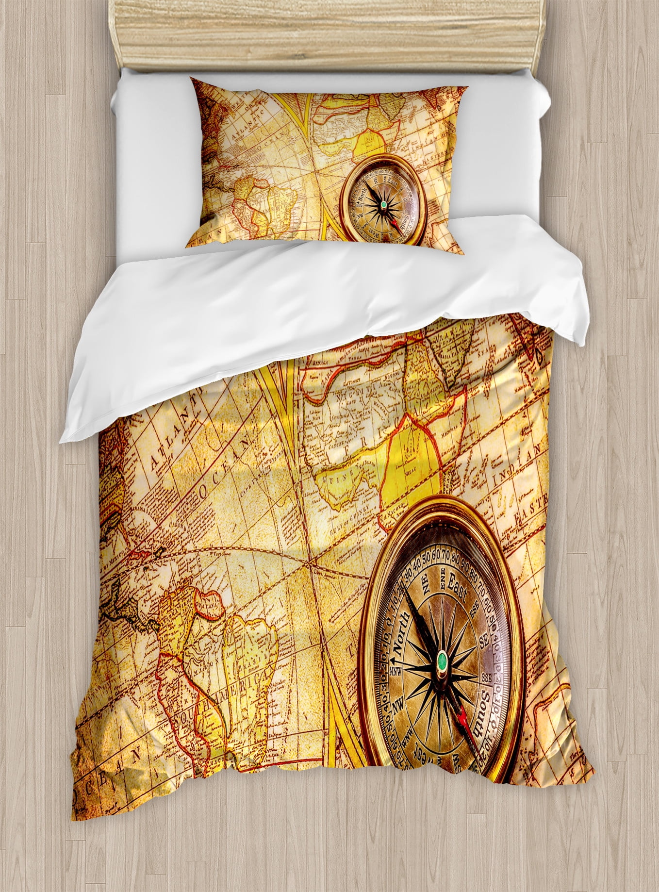 Antique Duvet Cover Set, Compass on an World Map Historic Borders ...