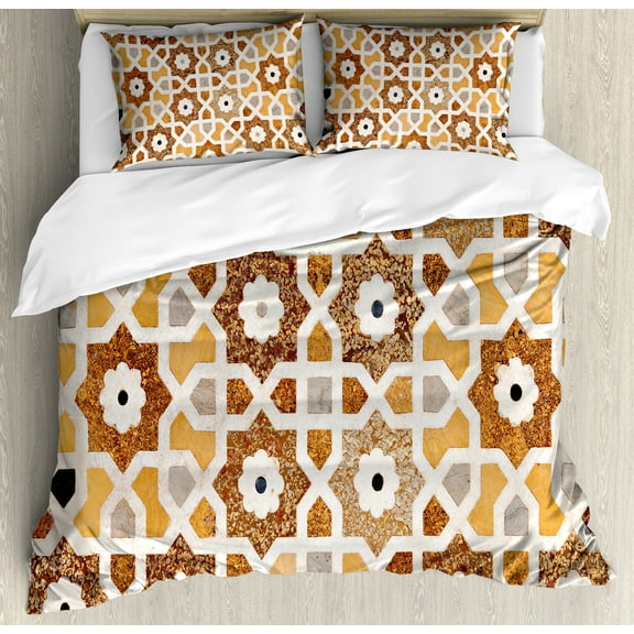 Antique Duvet Cover Set, Detail of Inlay and Geometric Carvings Taj Mahal Tomb Architecture, Decorative 3 Piece Bedding Set with 2 Pillow Shams, King Size, Cream Orange Brown, by Ambesonne