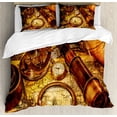thumbnail image 1 of Antique Duvet Cover Set, Magnifying Glass Compass Telescope and Pocket Watch on an Old Map Nautical, Decorative 3 Piece Bedding Set with 2 Pillow Shams, King Size, Orange Brown Yellow, by Ambesonne, 1 of 3