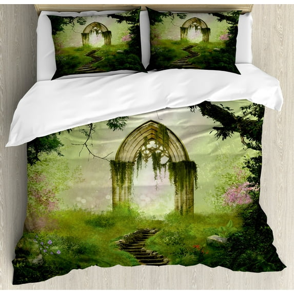 Antique Duvet Cover Set, Old Aged Fantasy Door in Forest Medieval Gothic Greenery Digital Art, Decorative 3 Piece Bedding Set with 2 Pillow Shams, Calking Size, Pale Green and Green, by Ambesonne