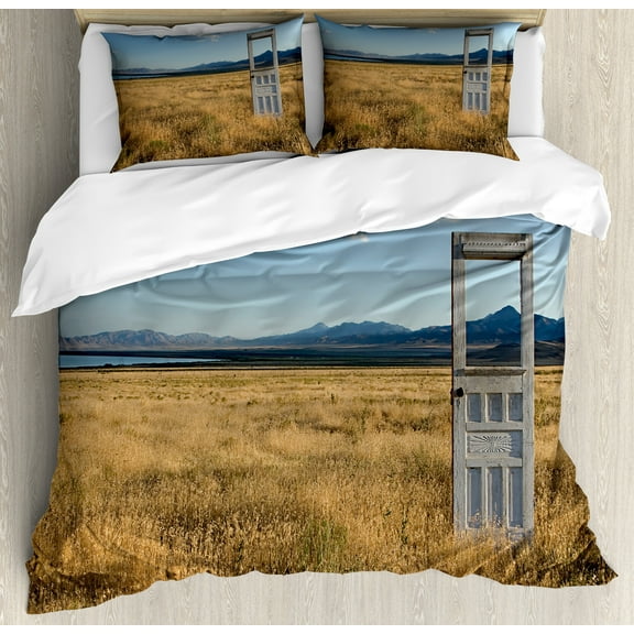 Antique Duvet Cover Set, Old Door Standing Alone in Field with Mountains Summer Sky Surreal, Decorative 3 Piece Bedding Set with 2 Pillow Shams, Calking Size, Earth Yellow Coconut, by Ambesonne