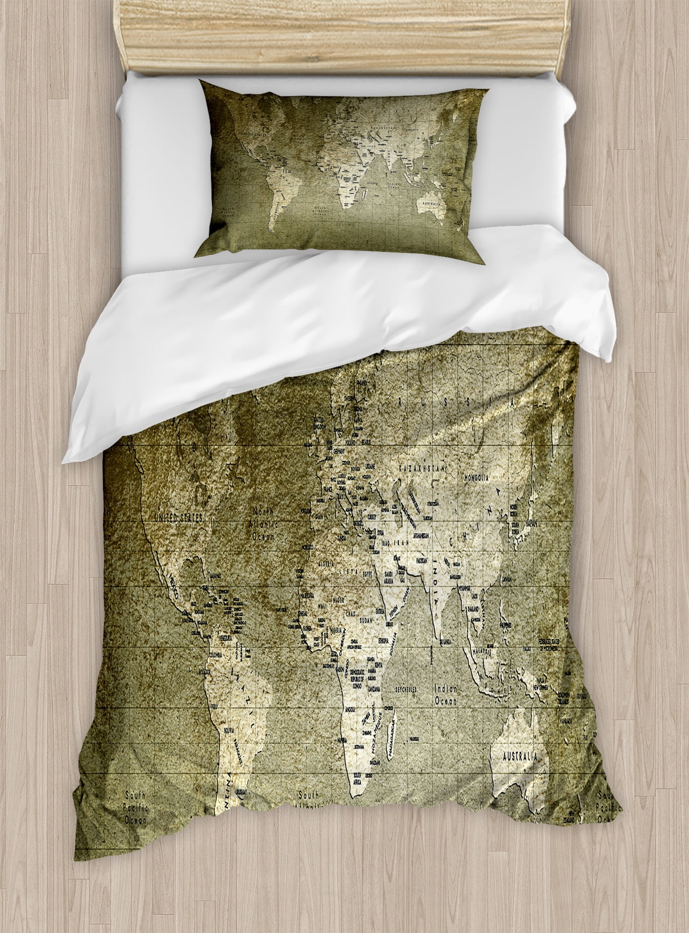 Army Green World Map Twin Duvet Cover Set
