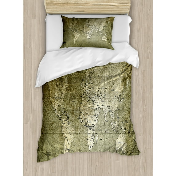 Antique Duvet Cover Set, Old World Map Texture Nostalgic Plan Atlas Trace of Life, Decorative 2 Piece Bedding Set with 1 Pillow Shams, Twin Size, Army Green, by Ambesonne
