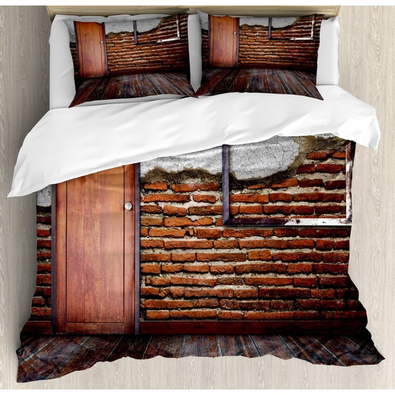 Antique Duvet Cover Set, Picture Frame on Damaged Brick Wall Aged Old Room Rustic Wooden Floor, Decorative 3 Piece Bedding Set with 2 Pillow Shams, Queen Size, Dark Orange Brown White, by Ambesonne