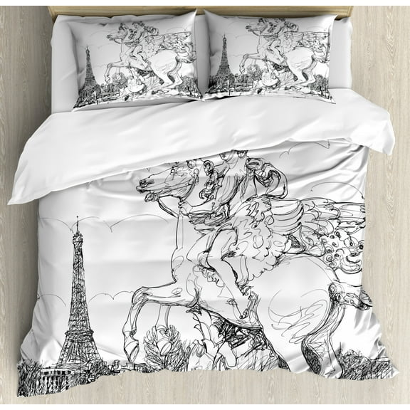 Antique Duvet Cover Set Queen Size, European Cityscape France Historical Sculpture Rearing Horse Eiffel Tower Print, Decorative 3 Piece Bedding Set with 2 Pillow Shams, Black White, by Ambesonne