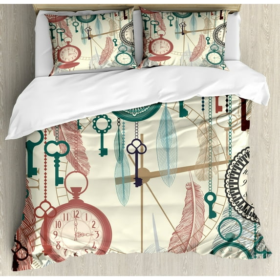 Antique Duvet Cover Set Queen Size, Traditional Pocket Watches with Feather and Old Key Portable Time Flies Art Theme, Decorative 3 Piece Bedding Set with 2 Pillow Shams, Multicolor, by Ambesonne