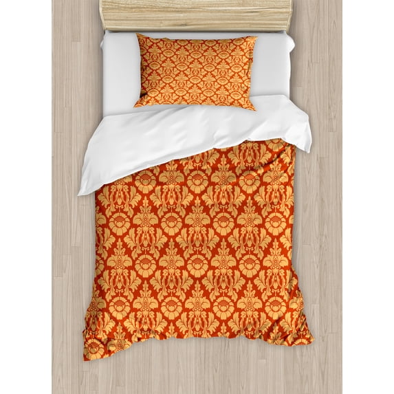 Antique Duvet Cover Set, Royal Victorian Damask Pattern Baroque Rococo Old Fashioned Traditional Art, Decorative 2 Piece Bedding Set with 1 Pillow Shams, Twin Size, Vermilion Orange, by Ambesonne