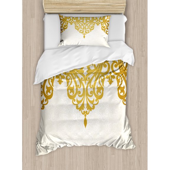 Antique Duvet Cover Set, Victorian Style Medieval Motifs Classic Baroque Oriental Shapes Print, Decorative 2 Piece Bedding Set with 1 Pillow Shams, Twin Size, Pale Brown Cream, by Ambesonne