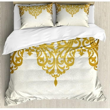 Antique Duvet Cover Set, Victorian Style Medieval Motifs Classic Baroque Oriental Shapes Print, Decorative 3 Piece Bedding Set with 2 Pillow Shams, Calking Size, Pale Brown Cream, by Ambesonne