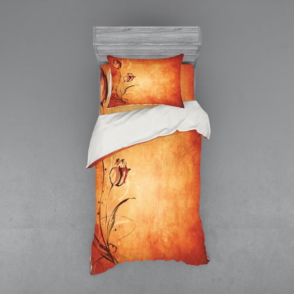 Antique Duvet Cover Set, Vintage Aged Background the Silhouette of Rose Bloom Digital Image, Bedding Set with Shams and Fitted Sheet, 3 Sizes, by Ambesonne