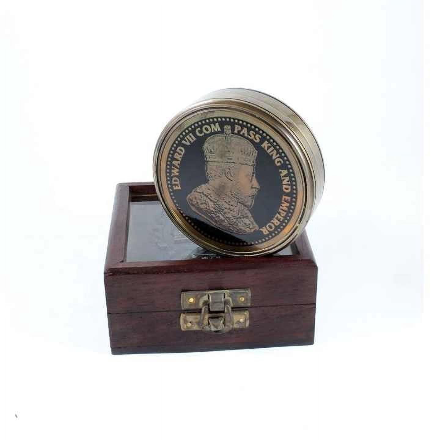 Antique Edward VII Brass Compass with Wooden Glass Window Box Metal Antique Finish Glass Compass