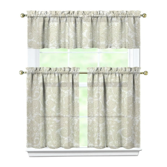 Antique Elegant Kitchen Curtains Set of 3 - Classic Vintage Paisley Tier Curtains with Valance, Decorative Semi-Sheer Rod Pocket Panels for Small Windows