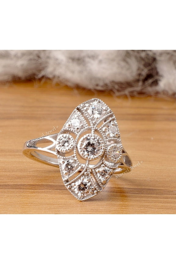 Antique Elongated Dinner Ring, Art Deco Diamond Engagement Ring, Vintage Milgrain Ring, Bead Set Bezel Diamond Ring, 925 Sterling Silver, 2.3 Ct Simulated Diamond, Gift Ring For Her