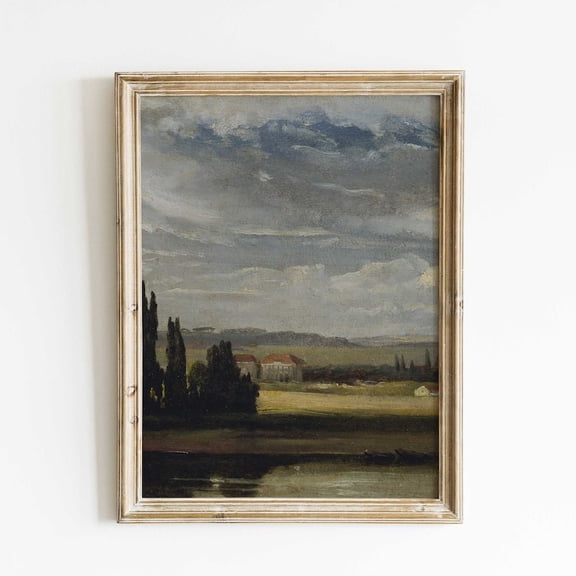 Antique European Landscape Painting, Cloudy Sky, Vintage Wall Art Decor Size 24x36 Unframed Poster
