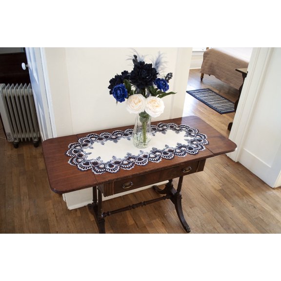 Antique European Navy Blue White Peacock Tail Lace Runner (14" x 27" | 16" x 35"/44"/54")