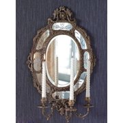 Antique European Oval Champagne Brass Wall Mirror Candle Sconce   Luxury Entryway Hanging Mirror with Floral Etched Glass and Candle Holder