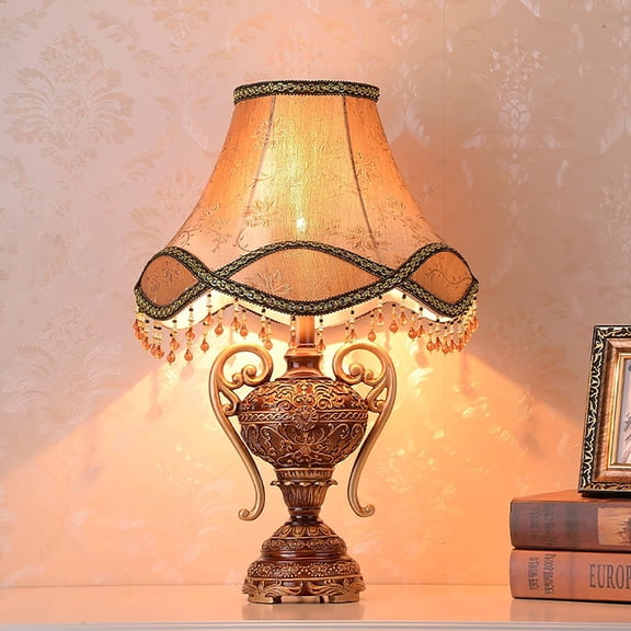 Antique Fabric Nightstand Light, European Decorative Desk Lamp With Floral Design, Button Switch For Bedroom Living Room