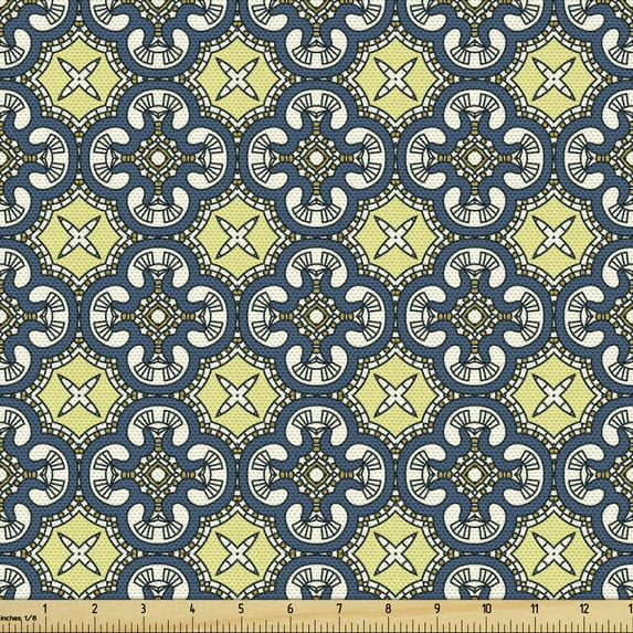 Ambesonne Antique Fabric by the Yard Upholstery, Renaissance Tile Art, 3 Yards, Pale Yellow Dark Blue