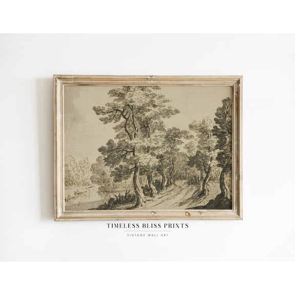 Antique Fall Landscape Tree Drawing Vintage Forest Sketch Tree River Printable Woods Neutral Sepia Country Print Wall Art Poster Decor, Unframed Canvas Size 24x36 F03.1.22l96