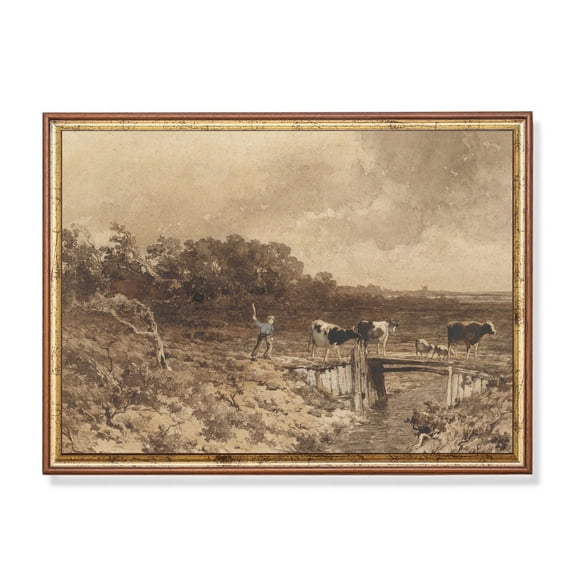 Antique Farm Scene Poster Cows, Sheep, Wooden Bridge Unframed Paper Print