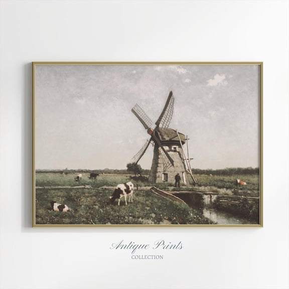Antique Farmhouse Art, Country Landscape, Duch Windmill, Cattle Wall Art Unframed Paper Print
