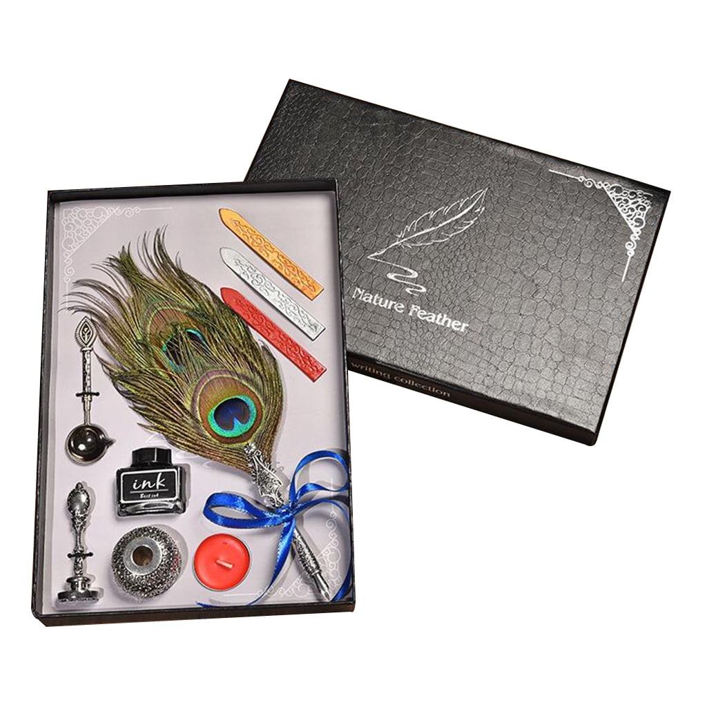 Featty Gifts Antique Peacock Feather Pen Set - With Pen Stand, 5 Nibs, Ink, Vintage Writing Quill