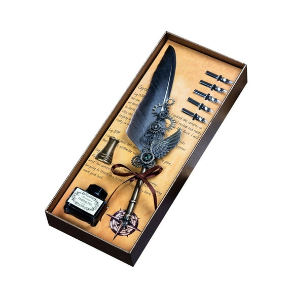 Antique Feather Quill Pen Set with 5 Nibs & Ink - Hand Carved Brass Base - Calligraphy Writing Gift for Adults - Vintage Dip Pen for Holiday Birthday Office Decor
