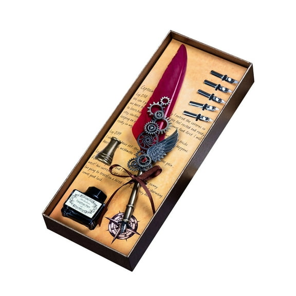 Antique Feather Quill Pen Set with 5 Nibs & Ink - Hand Carved Brass Base - Calligraphy Writing Gift for Adults - Vintage Dip Pen for Holiday Birthday Office Decor