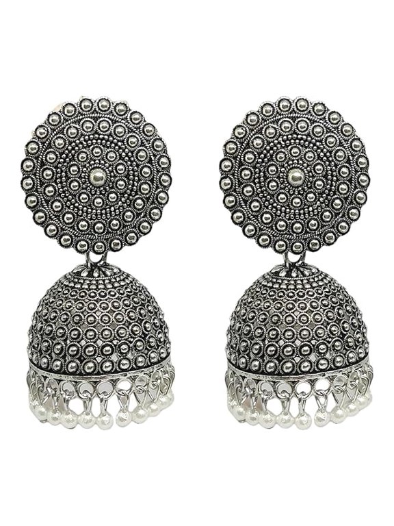 Antique Finish Dome Jhumka Earrings with Textured Circular Stud and Hanging Pearl Beads