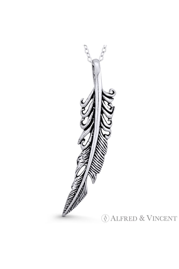 Antique-Finish Eagle's Wing Ruffled Feather Charm Pendant & Chain Necklace in Oxidized .925 Sterling Silver