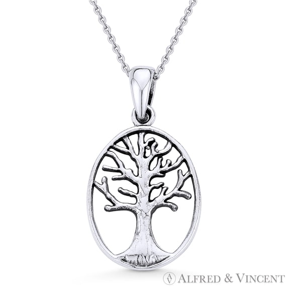Antique-Finish Tree-of-Life Charm Pendant & Chain Necklace in .925 Sterling Silver