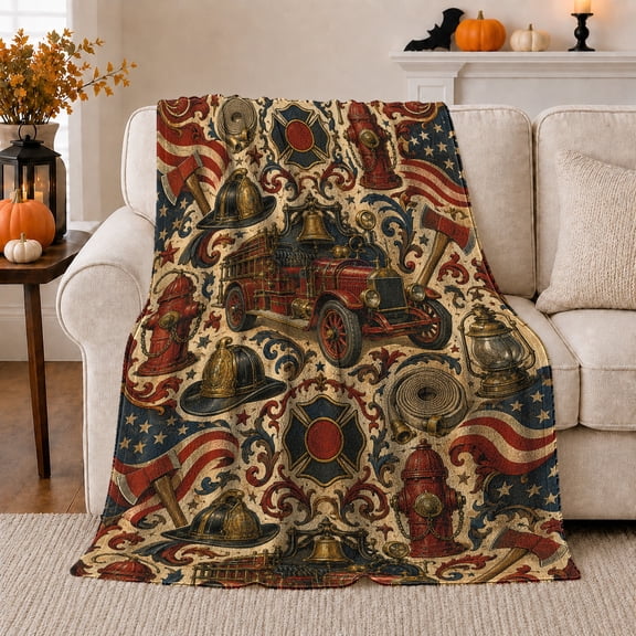 Antique Fire Engine With Flags And Equipment, Soft Flannel Blanket with Ornate Vintage Collage Print, Housewarming Gift and Home Decor for Bedroom and Living Room