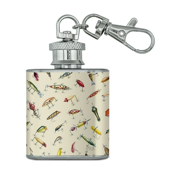 Antique Fishing Fish Lures Stainless Steel 1oz Mini Flask Key Chain