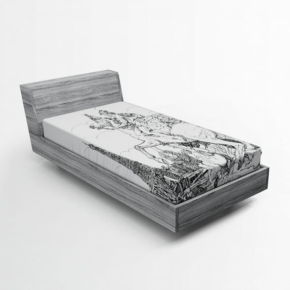 Antique Fitted Sheet, European Cityscape France Historical Rearing Horse Eiffel Tower Print, Soft Decorative Fabric Bedding, Twin Size, Black White, by Ambesonne