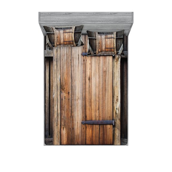 Antique Fitted Sheet & Pillow Sham Set, Rustic Antique Wooden Door Exterior Facades Rural Barn Timber Weathered Display, Decorative Printed 6 Piece Bedding Decor Set, Queen, Brown Orange, by Ambesonne