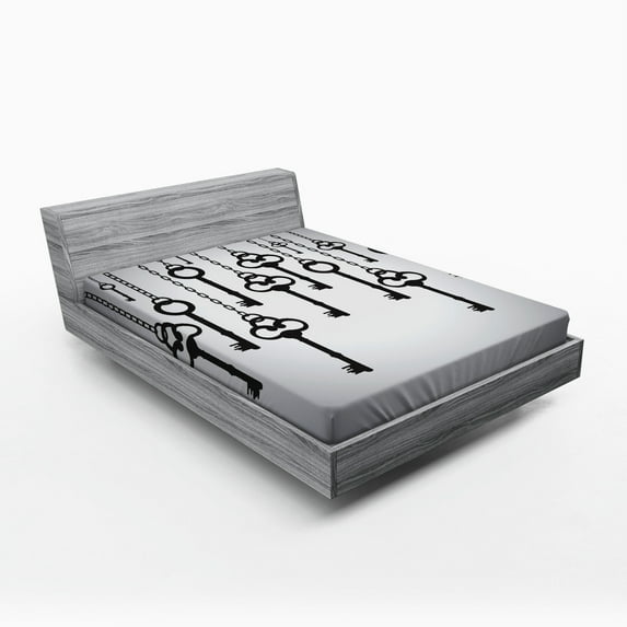 Ambesonne Grey Black Fitted Sheet, Shadow of Old Keys, Full Size, Pale Grey Black