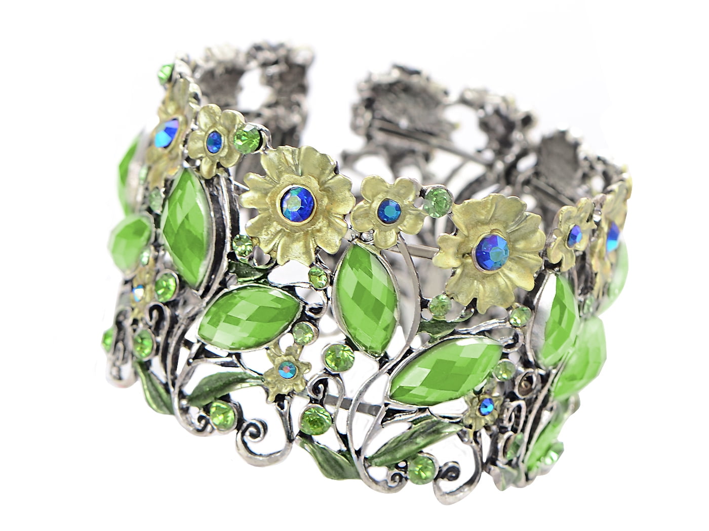 ブレスレット Green Floral Stone Cuff Bracelet Antique Floral Green Blue Crystal Rhinestone Yellow Flower