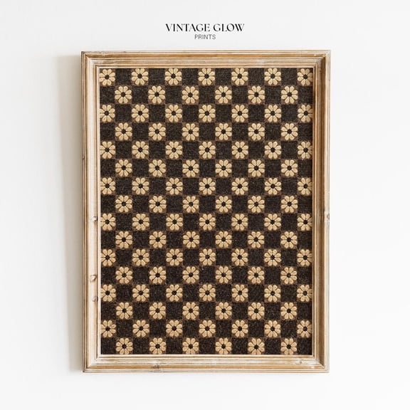 Antique Floral Textile Brown Checkerboard Pattern Rustic Farmhouse Wall Art Print, Botanical Bedroom And Living Room Decor