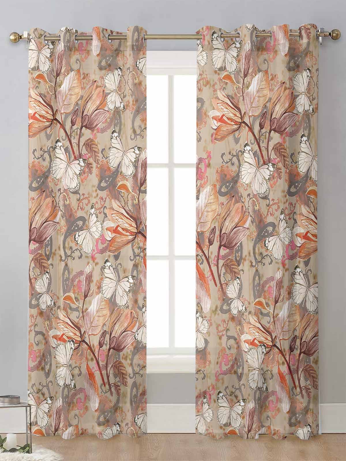 Antique Flower Leaf Butterfly Sheer Curtains For Living Room Window