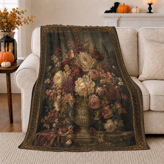 Antique Flower Vase Illustrated Print Soft Flannel Blanket, Elegant Vintage Style for Flower Lovers, Housewarming Gift for Living Room and Bedroom, Artistic Home Decor