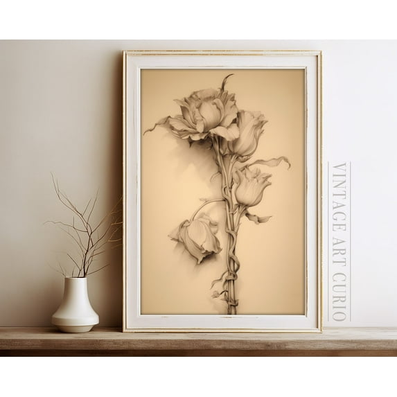 Antique Flower Wall Art, Rustic Country Farmhouse Decor, Soft Light Neutral Tones, Vintage Rose Print Home Decor #3236, 12x18 UNFRAMED