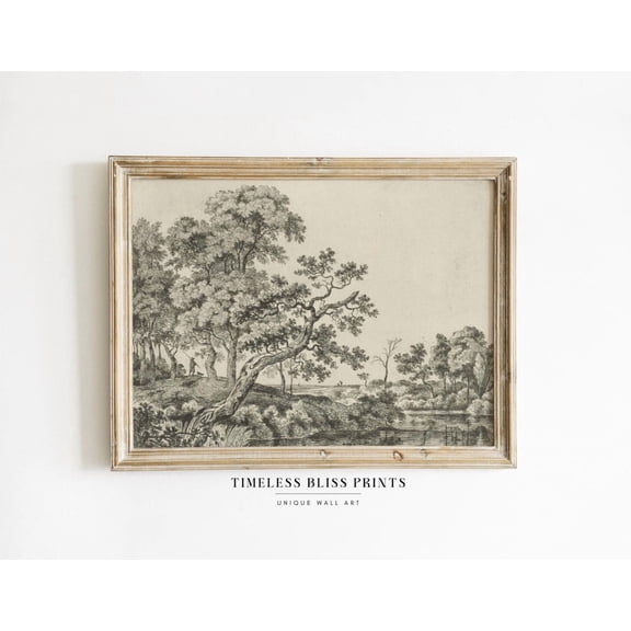 Antique Forest Lake Drawing Vintage Tree Sketch Printable Woods Etching Rustic Neutral Country Landscape Print Wall Art Poster Decor, Stretched Canvas Size 12x18 F03.1.22l4