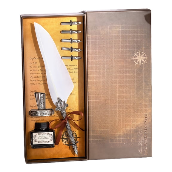Antique Fountain Pen Retro Engraved Feathered Dip Pen Set with 5 Interchangeable Tips And Inkwell For Beginner