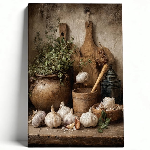Antique French Country Culinary Garlic and Herbs Oil Painting Style Canvas Wall Art - Rustic Farmhouse Kitchen Still Life Painting for Dining Room, Pantry, or Cafe Decor 8*12