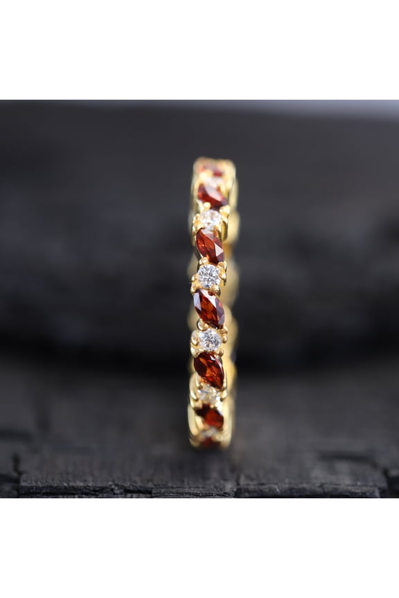 Antique Garnet Wedding Band Women Anniversary Ring Marquise Garnet Stack Ring January Birthstone Bridal Ring CZ Diamond Jewelry Gift For Her
