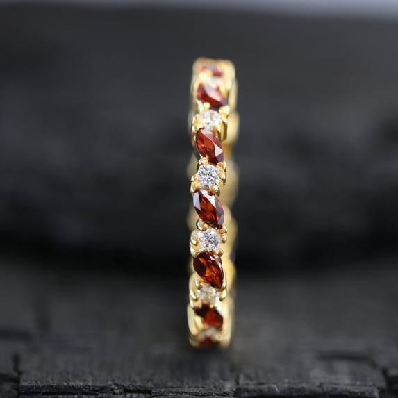 Antique Garnet Wedding Band Women Anniversary Ring Marquise Garnet Stack Ring January Birthstone Bridal Ring CZ Diamond Jewelry Gift For Her