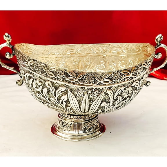 Antique German silver oval urli / fruit snacks bowl with 2 side handle for home/gift item