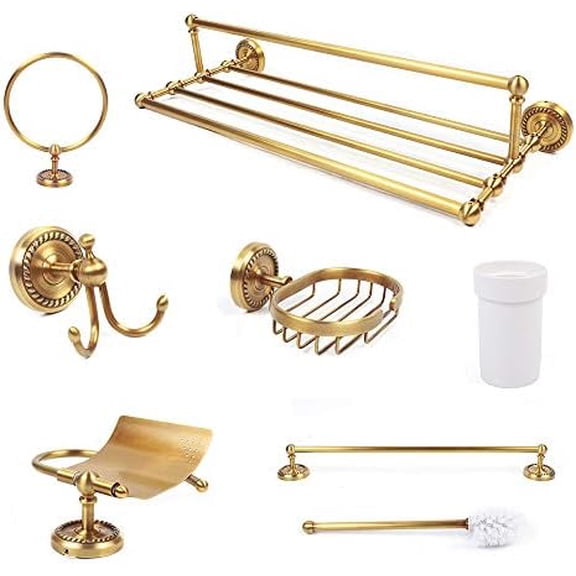 Antique Gold Bathroom Hardware Set,7-Piece Towel Rack & Toilet Paper Holder with Wall Mounted Shelves,Brushed Retro Style Copper Organizer for Bathroom Accessories,24.02 x 9.4 x 4.8 Inches.