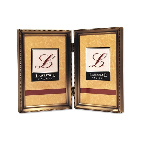 Antique Gold Bead 3.5x5 Hinged Double Picture Frame