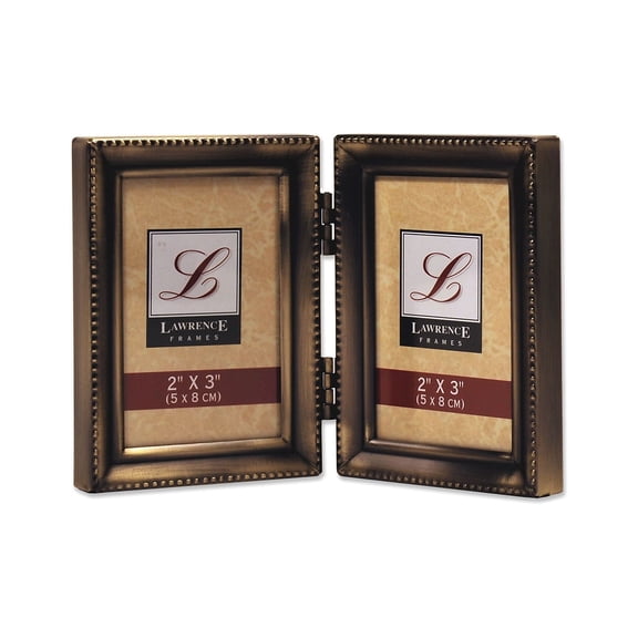Antique Gold Brass Hinged Double 2x3 Picture Frame - Beaded Edge Design